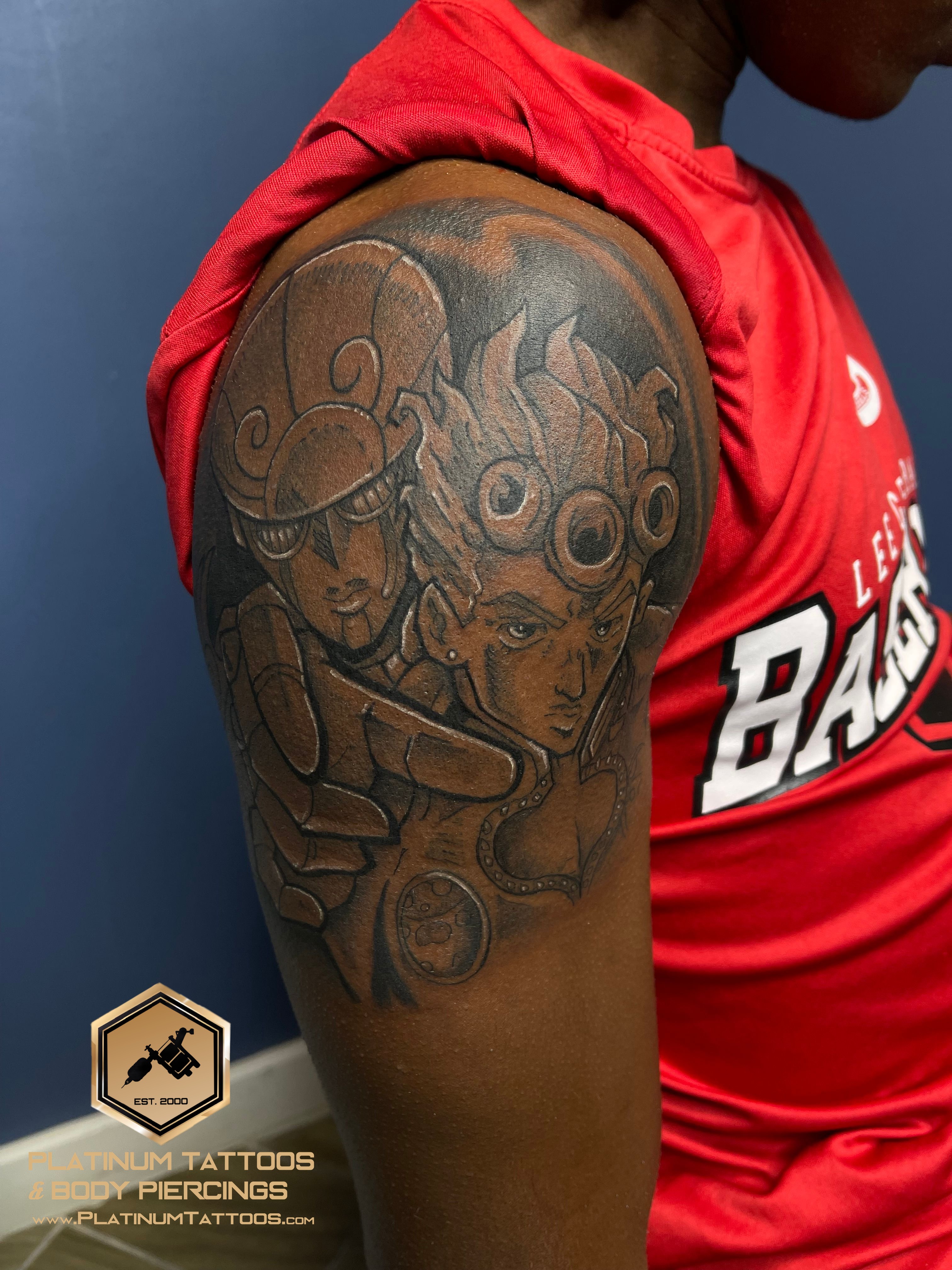 Tattoo Sketch Black & Grey on the Upper Arm by Jerson at Platinum Tattoos & Piercings, San Antonio TX