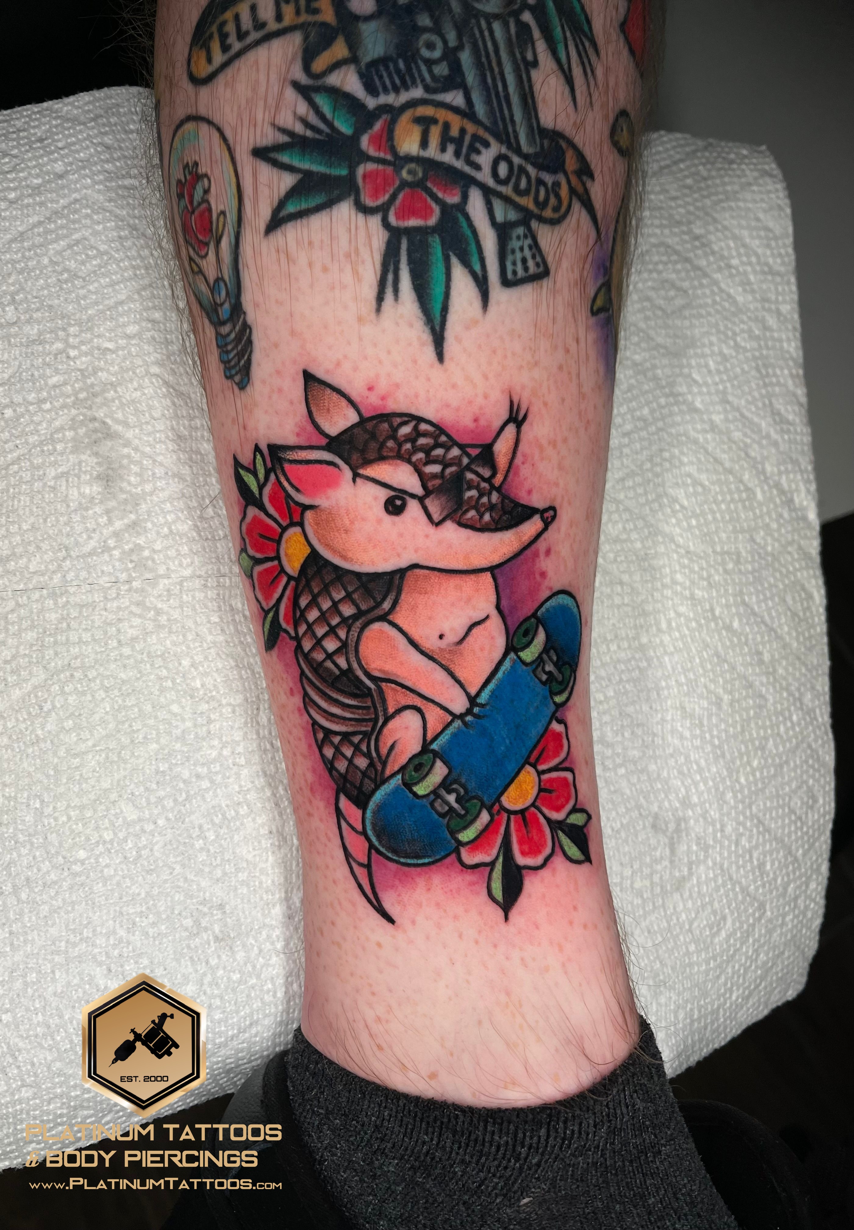 Tattoo Traditional on the Calf by Jerson at Platinum Tattoos & Piercings, San Antonio TX