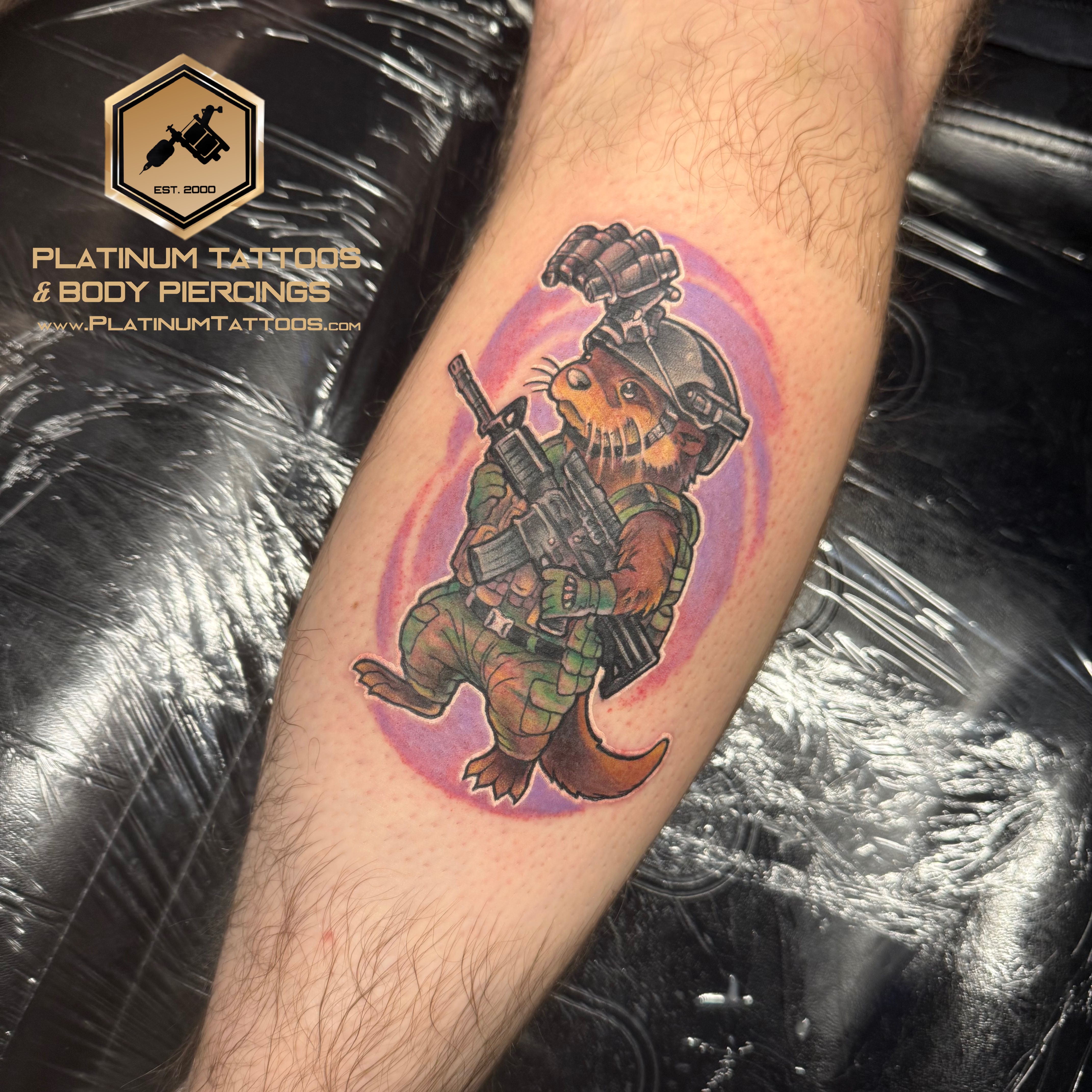Color, Illustrative, Watercolor, White Ink White, Purple, Green, Brown, Black, Grey, Multi-Color Military tattoo on the Calf at Platinum Tattoos & Piercings, San Antonio TX