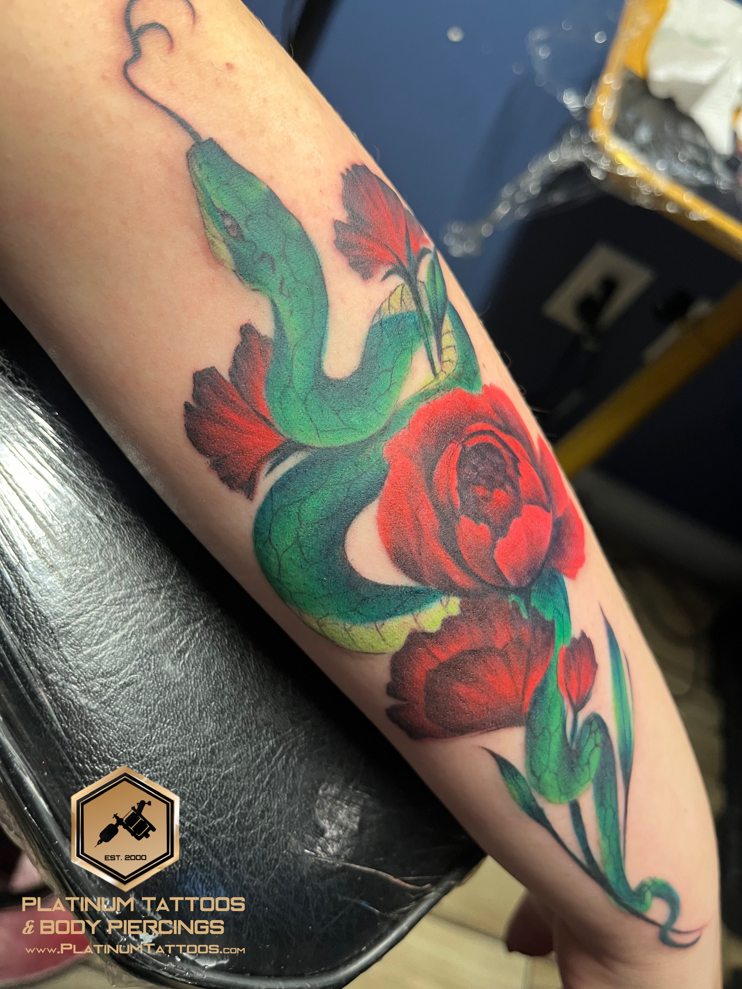 Realism, Color, Floral Red, Black, Green, Yellow, Multi-Color Snake, Rose tattoo on the Forearm at Platinum Tattoos & Piercings, San Antonio TX