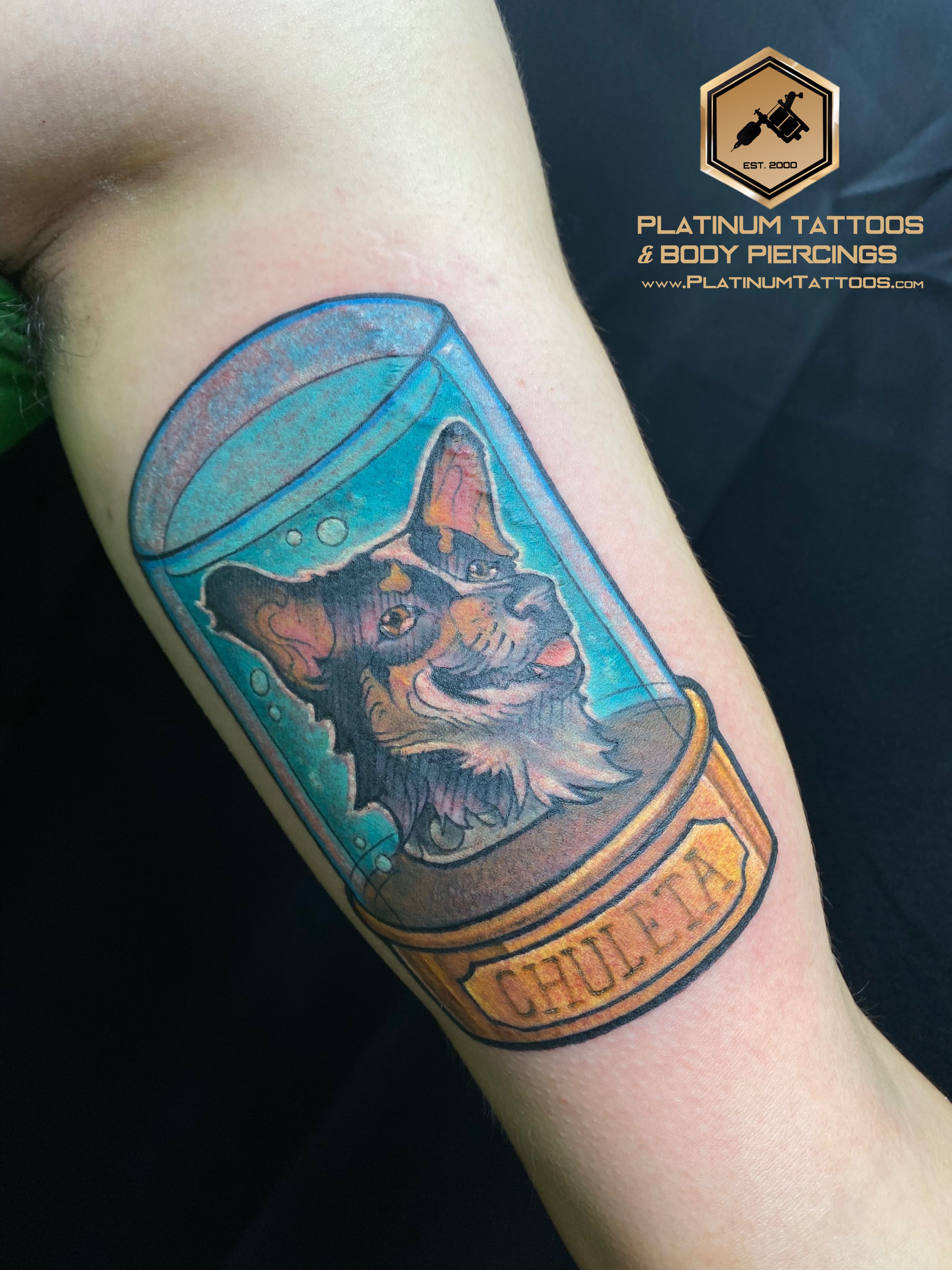 Illustrative, Color Multi-Color, Blue, Brown, White, Orange, Yellow, Black Dog tattoo on the Inner Bicep at Platinum Tattoos & Piercings, San Antonio TX