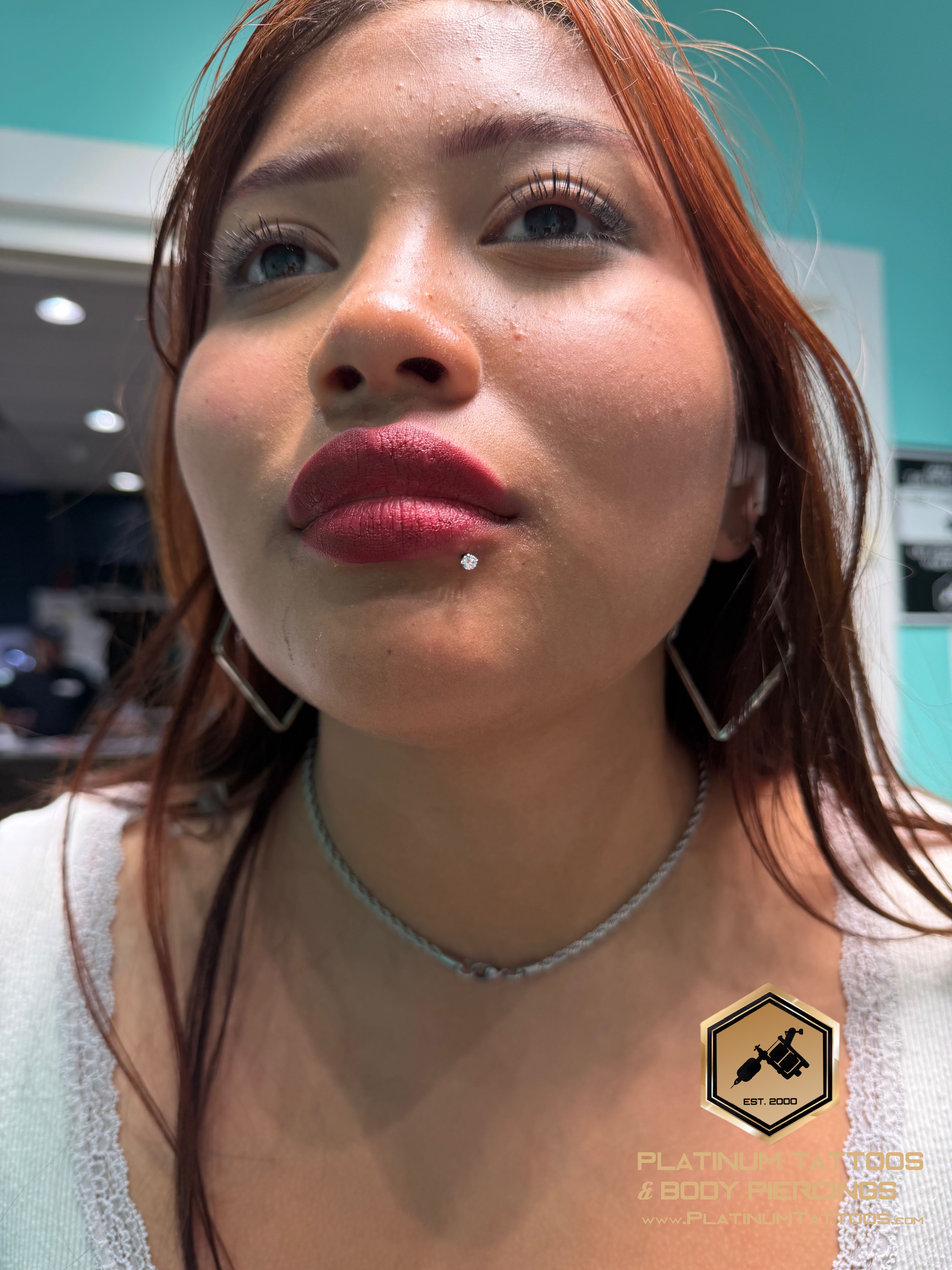 Lip piercing with Implant Grade Titanium Labret Stud/Flat Back by NeoMetal by Mingo at Platinum Tattoos & Piercings, San Antonio TX