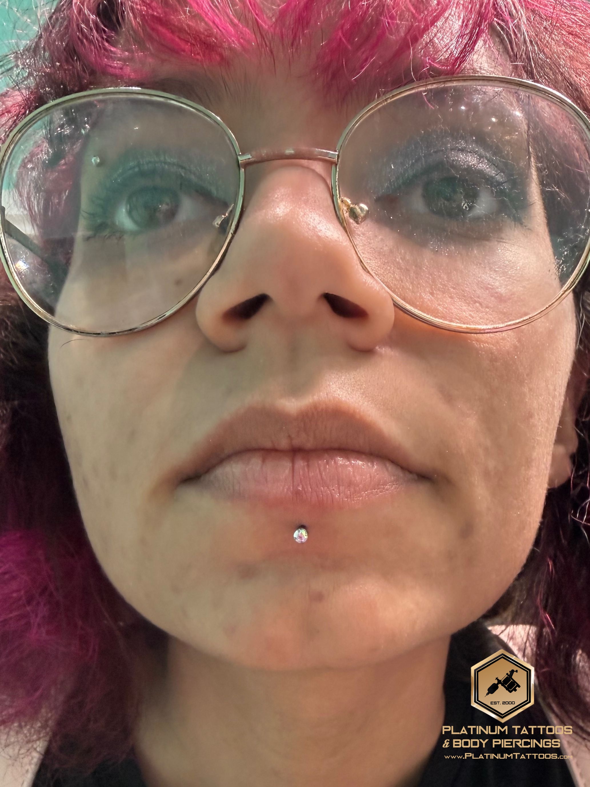Labret piercing with Implant Grade Titanium Threadless by NeoMetal by Mingo at Platinum Tattoos & Piercings, San Antonio TX