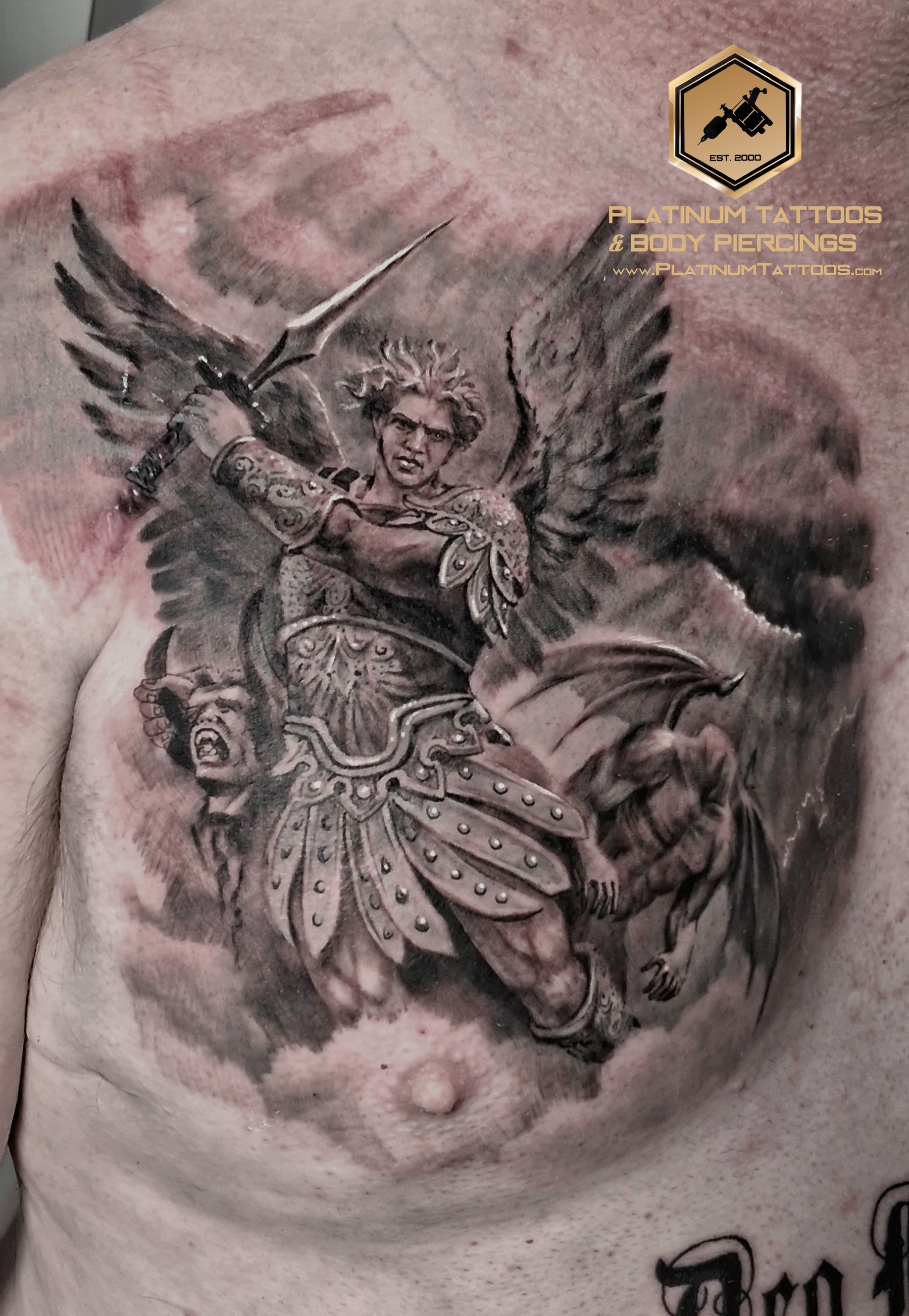 Black & Grey tattoo on the Full Chest by Lee at Platinum Tattoos & Piercings, San Antonio TX