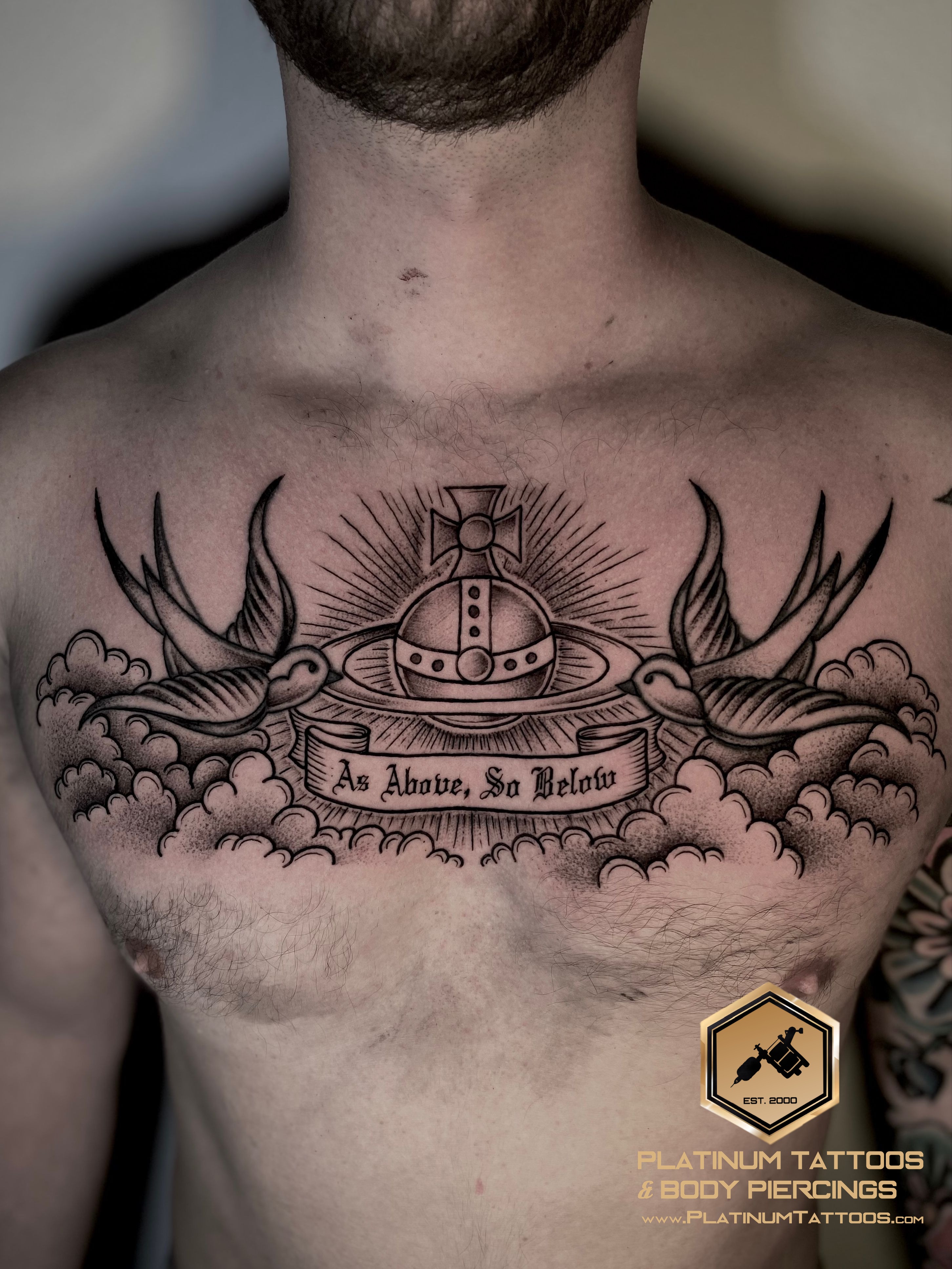 Blackwork, Linework Cross tattoo on the Full Chest by Remy at Platinum Tattoos & Piercings, San Antonio TX