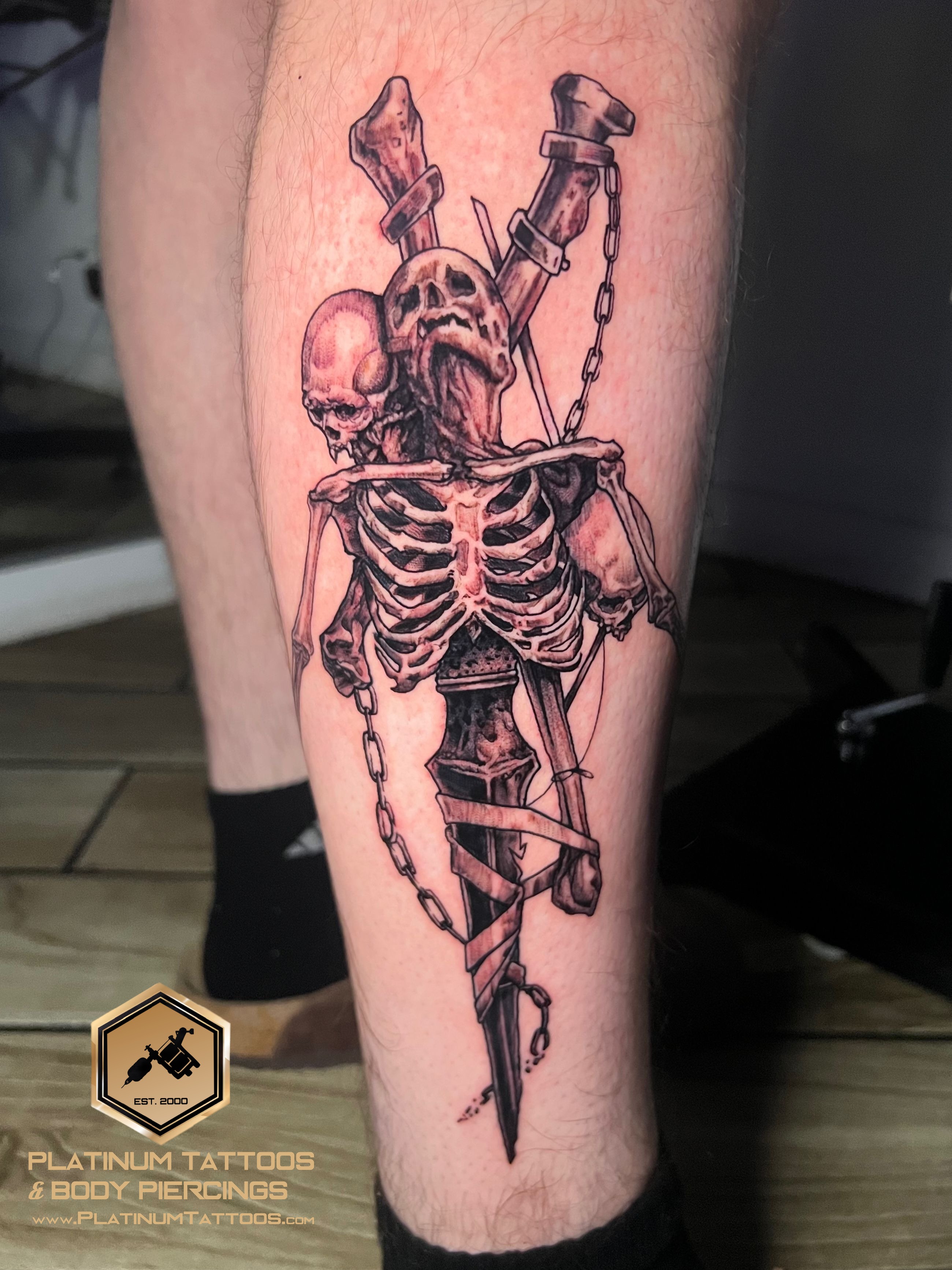 Black & Grey, Blackwork, Dark Art Black Cross, Dagger, Skull tattoo on the Ankle by Jesus at Platinum Tattoos & Piercings, San Antonio TX