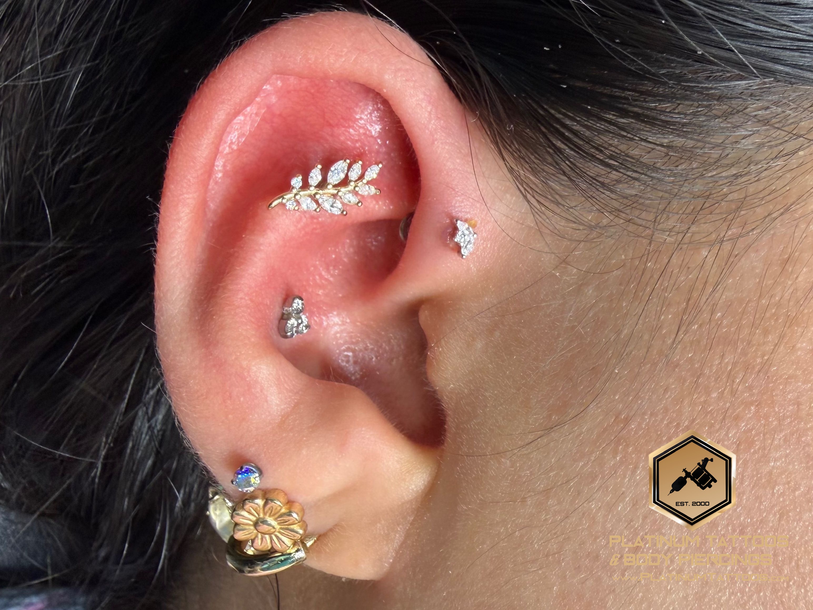 Curated ear piercing setup β 1st Forward Helix, Flat with 14k White Gold, 14k Yellow Gold Cluster/Multi-Gem by Buddha Jewelry by Mingo at Platinum Tattoos & Piercings, San Antonio TX