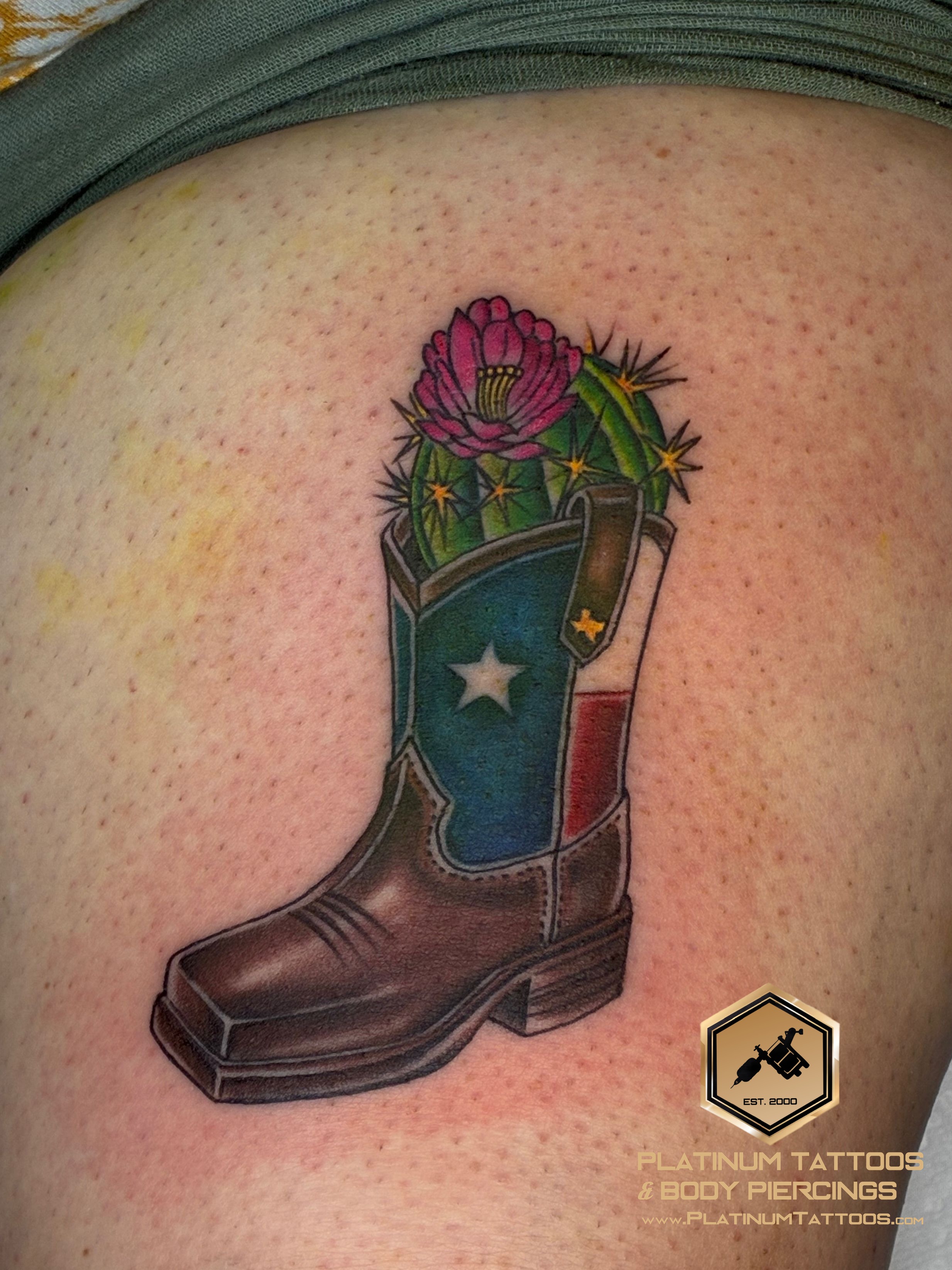 Neo-Traditional, Traditional Multi-Color, Black Cactus, Ariat, Boot tattoo on the Thigh by Jr at Platinum Tattoos & Piercings, San Antonio TX