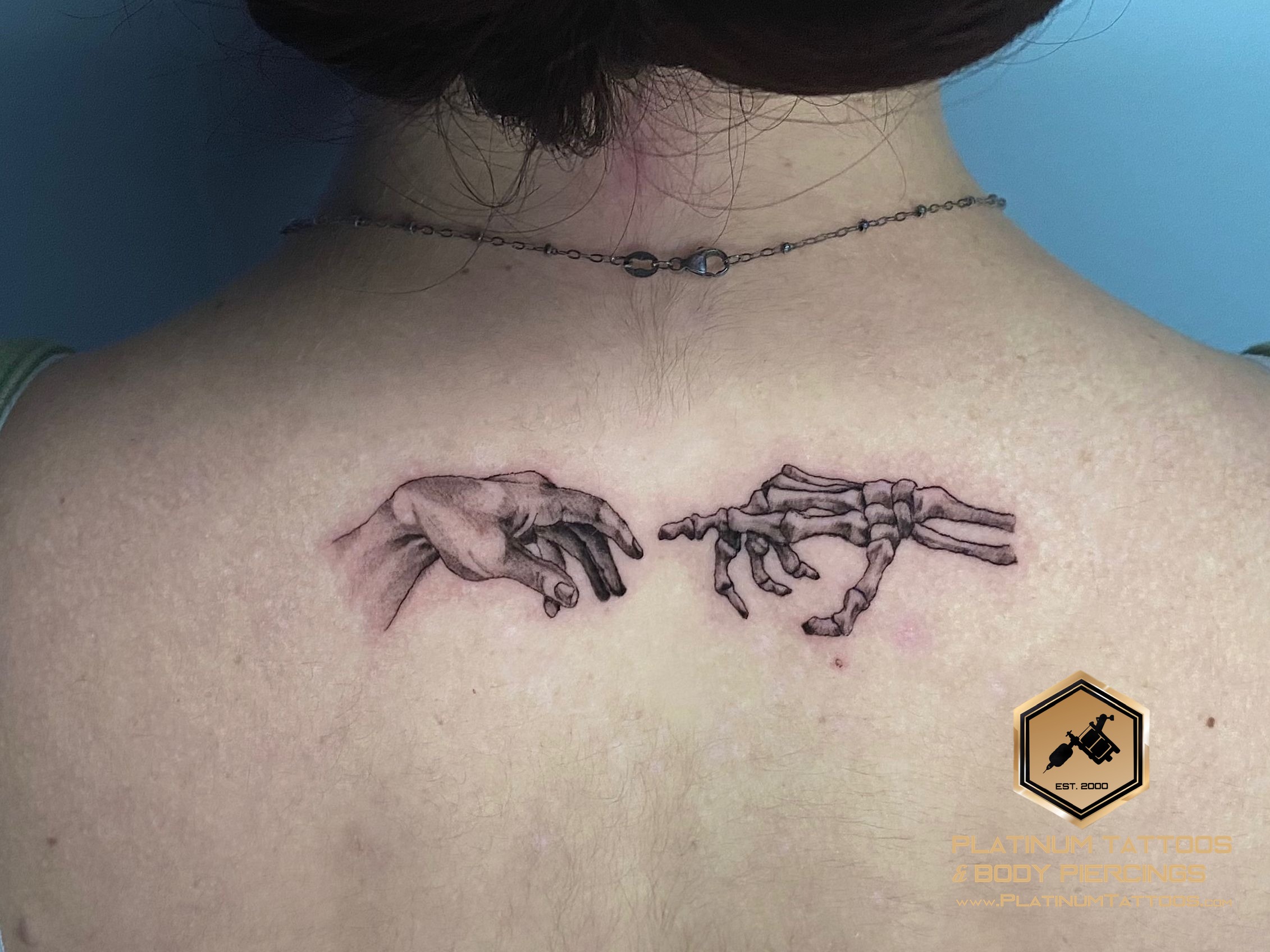 Black & Grey, Blackwork, Fine Line tattoo on the Spine by Remy at Platinum Tattoos & Piercings, San Antonio TX