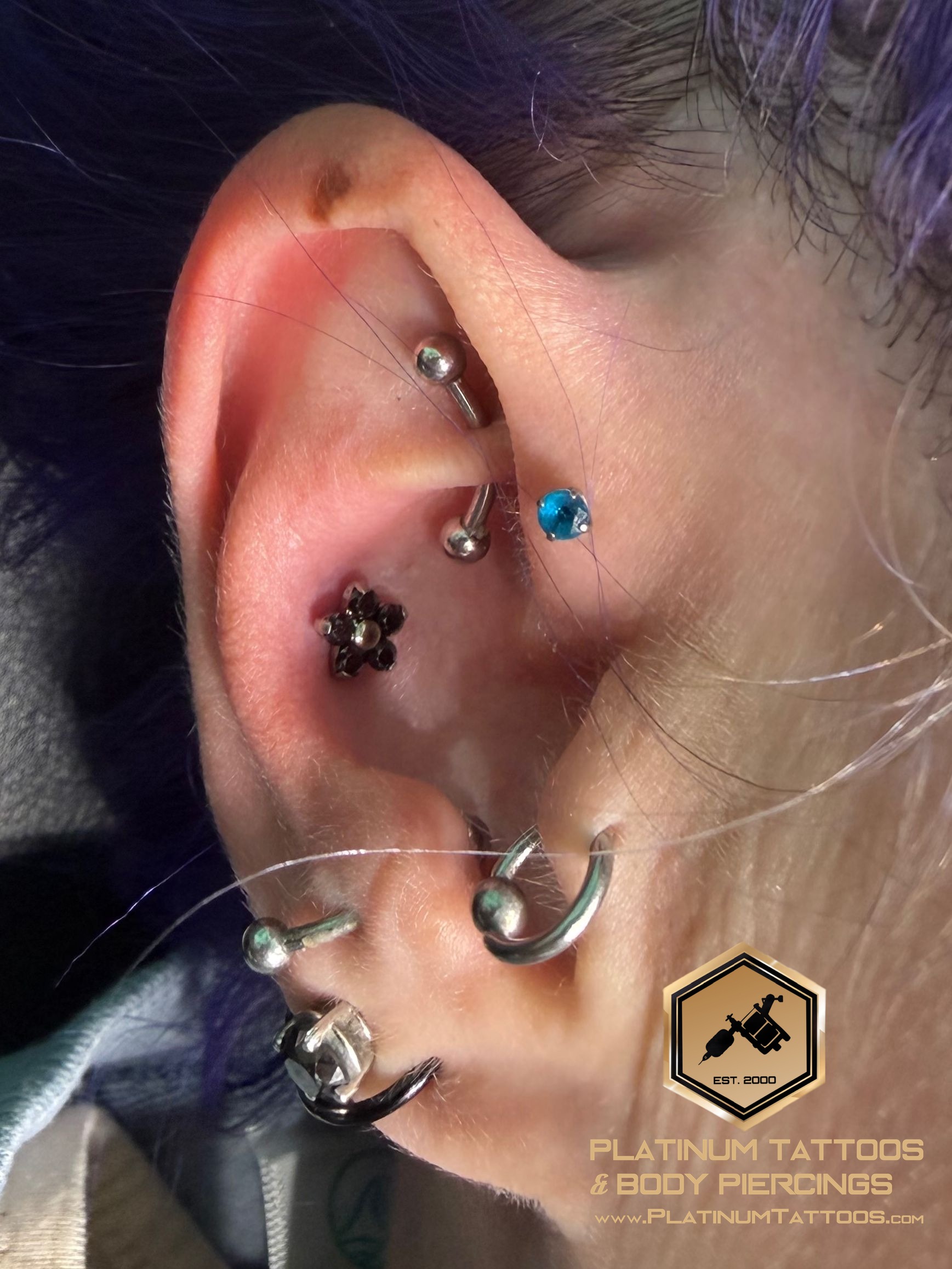 Conch piercing with Implant Grade Titanium Cluster/Multi-Gem by NeoMetal by Mingo at Platinum Tattoos & Body Piercings, San Antonio TX