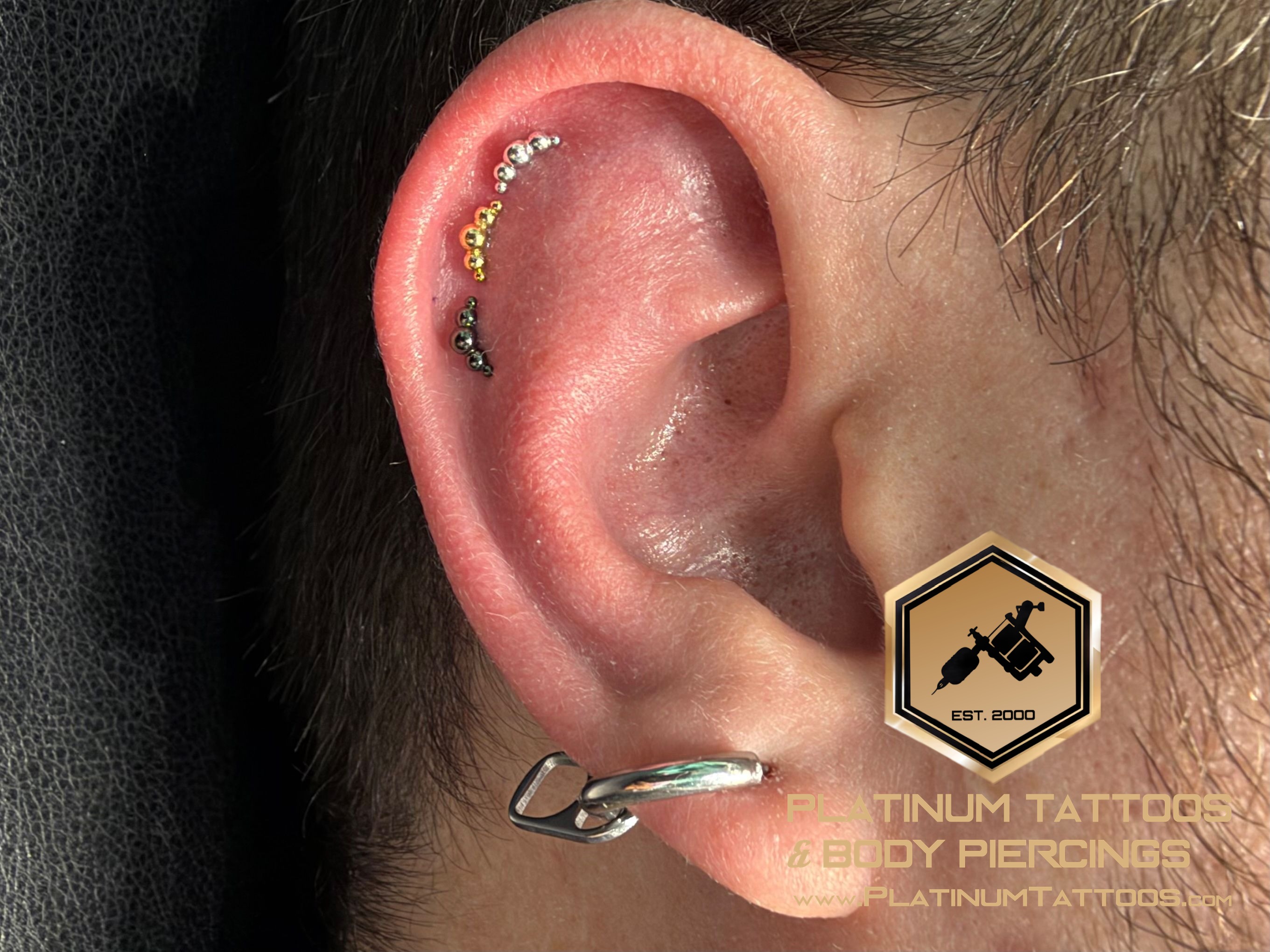 Curated ear piercing setup — 1st Helix, 2nd Helix, 3rd Helix with 14k White Gold, 14k Yellow Gold, Other Labret Stud/Flat Back by Junipurr by Mingo at Platinum Tattoos & Body Piercings, San Antonio TX