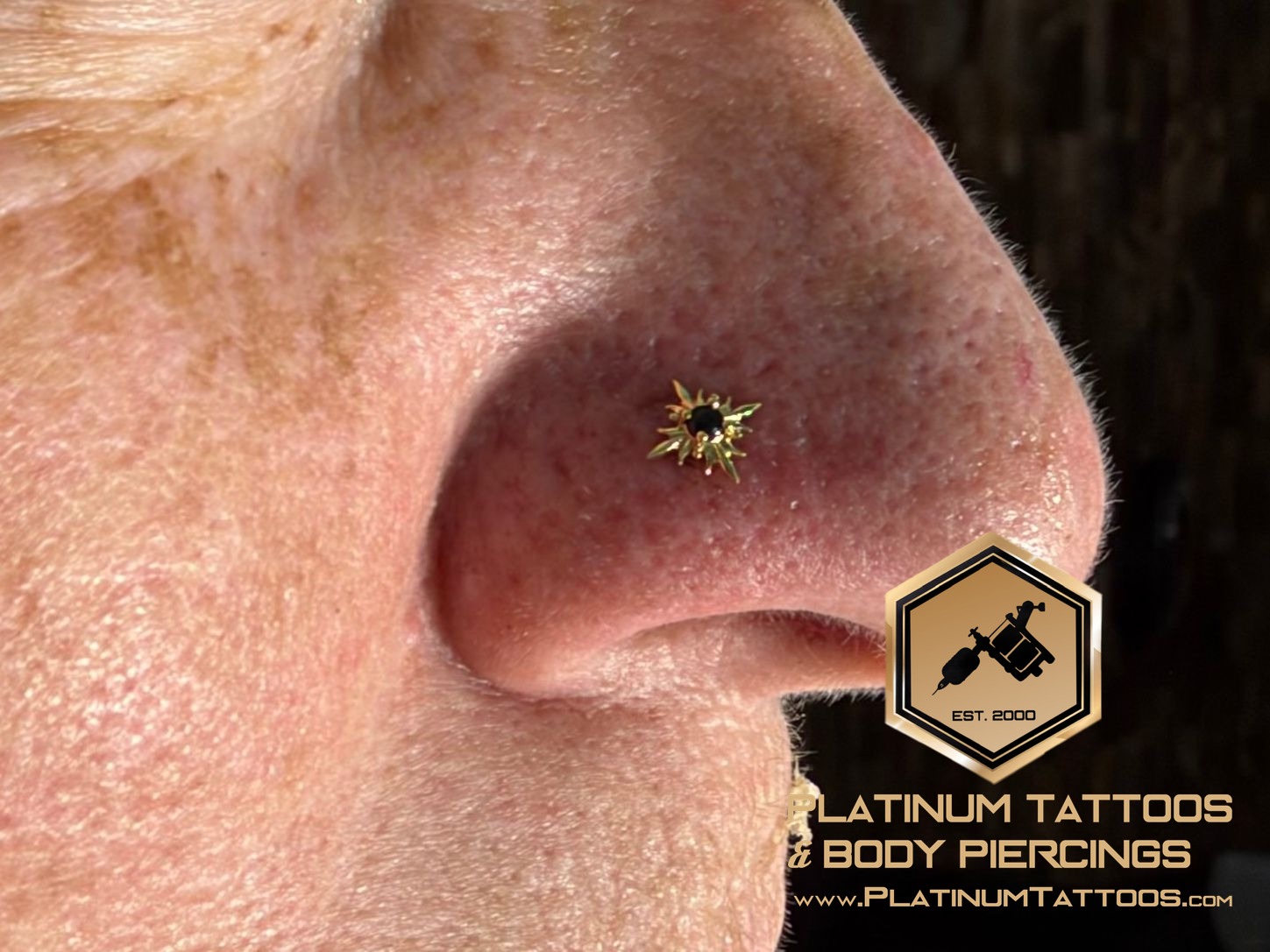 Nostril piercing with 14k Yellow Gold Labret Stud/Flat Back by Junipurr by Mingo at Platinum Tattoos & Body Piercings, San Antonio TX