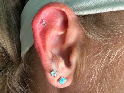 1st Helix piercing with 14k White Gold Cluster/Multi-Gem by Other by Mingo at Platinum Tattoos & Piercings, San Antonio TX