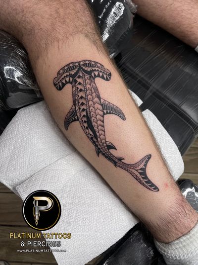 Black & Grey, Linework, Tribal Shark tattoo on the Shin by Jerson at Platinum Tattoos & Piercings, San Antonio TX