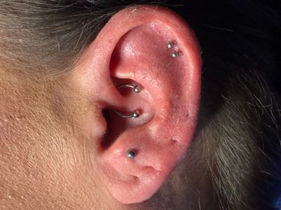 Curated ear piercing setup — Daith, Anti-Tragus with Implant Grade Titanium Circular Barbell, Labret Stud/Flat Back by Other, NeoMetal by Mingo at Platinum Tattoos & Piercings, San Antonio TX