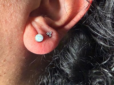 Curated ear piercing setup — 1st Lobe, 2nd Lobe with Implant Grade Titanium Labret Stud/Flat Back, Cluster/Multi-Gem by NeoMetal by Mingo at Platinum Tattoos & Piercings, San Antonio TX