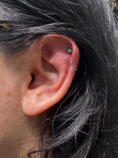 2nd Helix piercing with Implant Grade Titanium Labret Stud/Flat Back by NeoMetal by Mingo at Platinum Tattoos & Piercings, San Antonio TX