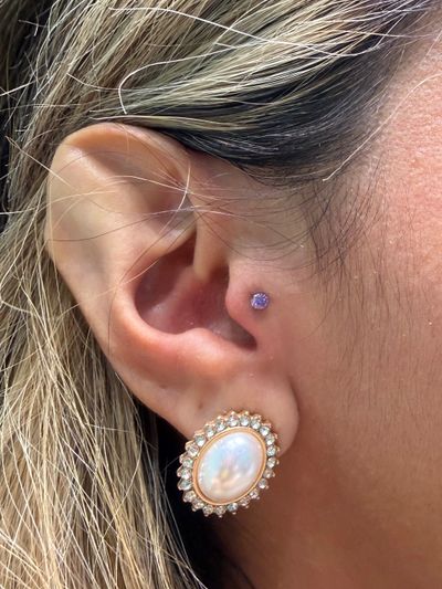 Tragus piercing with Implant Grade Titanium Labret Stud/Flat Back by NeoMetal by Mingo at Platinum Tattoos & Piercings, San Antonio TX