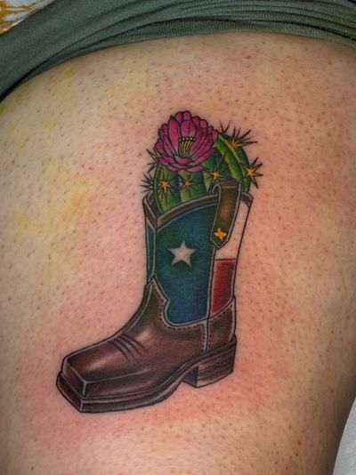Neo-Traditional, Traditional Multi-Color, Black Cactus, Ariat, Boot tattoo on the Thigh by Jr at Platinum Tattoos & Piercings, San Antonio TX