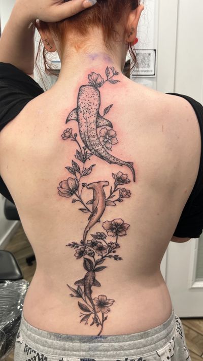 Black & Grey, Fine Line, Dotwork, Illustrative, Linework Black Fish, Flower tattoo on the Spine by Jesus at Platinum Tattoos & Piercings, San Antonio TX
