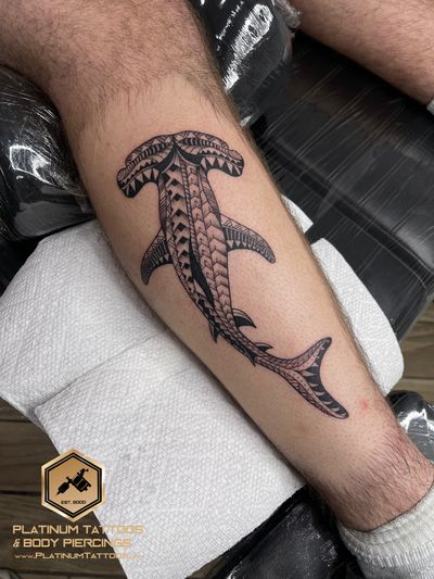 Black & Grey, Linework, Tribal Shark tattoo on the Shin by Jerson at Platinum Tattoos & Piercings, San Antonio TX