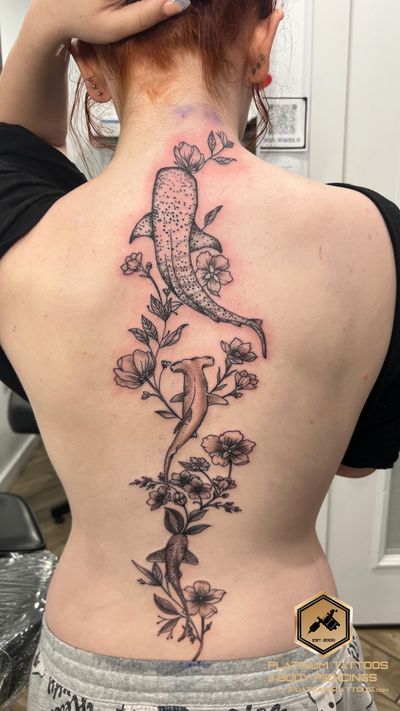 Black & Grey, Fine Line, Dotwork, Illustrative, Linework Black Fish, Flower tattoo on the Spine by Jesus at Platinum Tattoos & Piercings, San Antonio TX