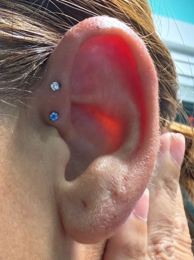 Curated ear piercing setup — 1st Forward Helix, 2nd Forward Helix with Implant Grade Titanium Labret Stud/Flat Back by NeoMetal by Mingo at Platinum Tattoos & Piercings, San Antonio TX
