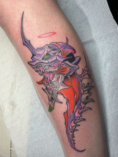 Anime, Neo-Traditional Purple, Red, Black, Green tattoo on the Calf by Jr at Platinum Tattoos & Body Piercings, San Antonio TX